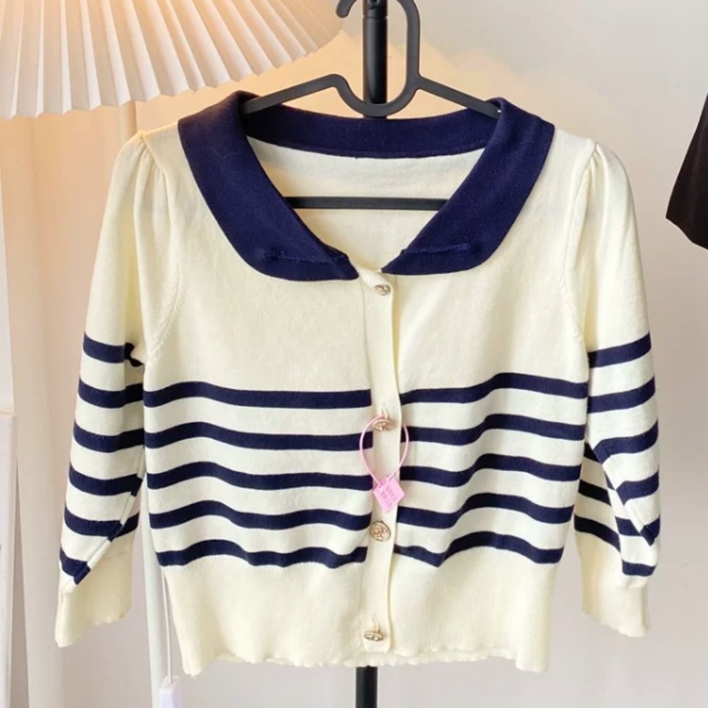 Cream Ivory Black Japanese Style Kawaii Knitted Stripped Cardigan Sweater Top